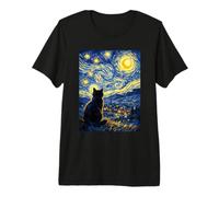 Bonito Gato Negro pacífico Inspirado en la Noche Estrellada de Van Gogh Camiseta Premium