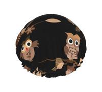 Bonito gorro de ducha con estampado de búhos de dibujos animados marrón para mujer, ligero, reutilizable, suave, impermeable, a prueba de fugas.