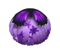 Bonito gorro de ducha con estampado de mariposas moradas para mujer, ligero, reutilizable, suave, impermeable, a prueba de fugas.