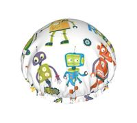 Bonito gorro de ducha con estampado de robots de dibujos animados para mujer, ligero, reutilizable, suave, impermeable, a prueba de fugas.