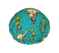 Bonito gorro de ducha con forro suave con estampado de cactus y calavera de toro, doble capa, lavable, banda elástica ancha, gorro de ducha para el baño