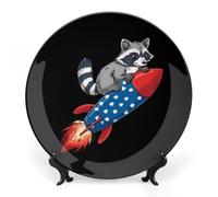 Bonito mapache en cohete con la bandera de Estados Unidos, placa decorativa de cerámica con soporte de exhibición para decoración de pared del hogar, Estilo:, 10inch
