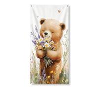 Bonito oso con flores, adorable ilustración pastel para decoración del hogar de primavera, encantador telón de fondo floral colgante para festivales, 36 x 72 pulgadas