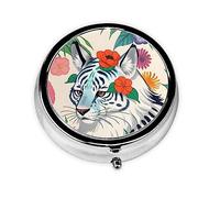 Bonito pastillero blanco tigre, organizador redondo de 3 compartimentos y pastillero de viaje portátil para viajes.