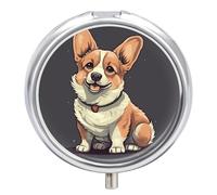 Bonito pastillero redondo con ilustración de perro Corgi, pastillero portátil, organizador de vitaminas para bolsillo