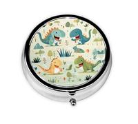 Bonito pastillero redondo de dinosaurio pequeño, ligero y portátil, con 3 insertos de plástico, adecuado para llevar en bolsillos o carteras.