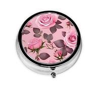Bonito pastillero redondo de rosas rosas, organizador redondo de 3 compartimentos, pastillero portátil de viaje para viajes.