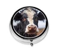 Bonito pastillero redondo de vaca. Organizador portátil de medicamentos diario, diseño fácil de viajar.