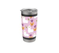 Bonito patrón de alpacas con flores moradas adorable alpaca Vaso térmico de acero inoxidable de doble pared