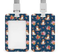 Bonito portatarjetas de plástico con diseño de English Springer Spaniel y estampado floral retro, con cordón desmontable. Estuche protector vertical para tarjetas, ideal para enfermeras, profesores y