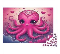 Bonito Pulpo Rosa Dibujo Puzzle para Adultos Puzzle de 1000 Piezas Fondo de Corazones soñador Puzzle para Toda la Familia Relajación Decoración Regalo 52x38cm/1000pcs