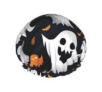 Bonito sombrero de baño con patrón de fantasma blanco de Halloween, sombrero de baño doble reutilizable, disfruta de una experiencia de baño más avanzada