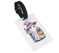 Bonito sombrero de bruja rosa fantasma que sostiene un palo, etiquetas de equipaje, etiqueta de identificación de nombre, etiquetas de maleta, ideal para viajes, cruceros, mochilas, bolsas