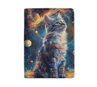 Bonito soporte para pasaporte con ranuras para tarjetas de crédito para hombre, Lindo gato mirando hacia planetas