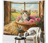 Bonito tapiz de cesta de flores de gatito, decoración floral de melocotón pastel para colgar en la pared, tapices acogedores estéticos para dormitorio, sala de estar, 80 x 60 pulgadas