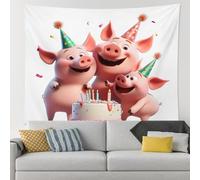 Bonito tapiz de cumpleaños de cerditos de dibujos animados, colgante de pared colorido festivo para celebraciones, decoración alegre del hogar para sala de estar, dormitorio, fiesta, 101 x 152 cm