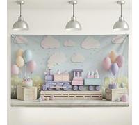 Bonito telón de fondo con temática de tren, decoraciones de fiesta pastel para niños, fondo de cumpleaños o baby shower, divertida decoración de pared de celebración de 71 x 43 pulgadas