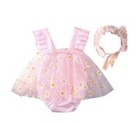 Bonito vestido de mameluco con estampado floral con banda para el pelo a juego, juego de 2 piezas, vestido de fotografía para niñas de bebé y tocado, vestido fotográfico de cien días
