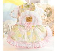 Bonito vestido de princesa para mascotas con estampado de oso, ribete de encaje y agujero para anillo de correa para gatos y perros, adorable disfraz de fiesta (rosa, mediano)