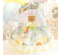 Bonito vestido de princesa para mascotas con estampado de oso, ribete de encaje y agujero para anillo de correa para gatos y perros, adorable disfraz de fiesta (amarillo, pequeño)