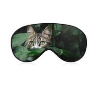 Bonito y bonito antifaz de gato con ojos verdes en hojas con correa ajustable, cómodo y suave, ayuda para dormir, antifaz que bloquea la luz