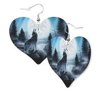 Bonitos pendientes de corazón de doble cara, diseño de lobo, luna, río, moderno, de piel sintética, regalo para mujeres y niñas
