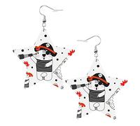Bonitos pendientes de cuero con forma de estrella de sol rojo y pirata de oso garabato de dibujos animados, pendientes colgantes simples para mujeres y niñas, regalos para ella