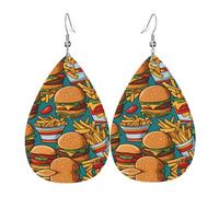 Bonitos pendientes de cuero con patrón de hamburguesas fritas | Pendientes impresos en forma de gota de agua, adecuados para escenas diarias, fiestas y citas