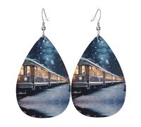 Bonitos pendientes de cuero con patrón de tren nocturno nevado | Pendientes impresos en forma de gota de agua, adecuados para escenas diarias, fiestas y citas