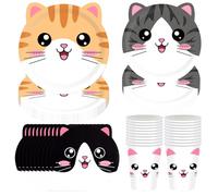Bonitos platos para fiestas de cumpleaños, 60 unidades, incluye platos de papel para gatos, vasos de papel y servilletas de gato, adecuado para 20 fiestas de cumpleaños infantiles