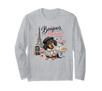 Bonjour Madame Dachshund Paris Café Amante de los Perros Manga Larga