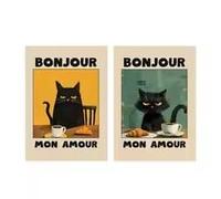 Bonjour Mon Amour - Póster divertido con gato negro y café sobre lienzo, estilo retro, diseño de animales lindos, arte abstracto, decoración del hogar (60 x 80 cm x 2 piezas/marco de galería)