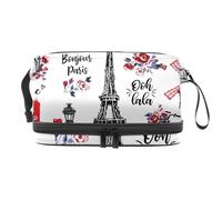 Bonjour Paris France Culture - Neceser de doble capa para mujeres y niñas, neceser de viaje para maquillaje, organizador práctico con compartimento para brochas, multicolor, 27x15x14 cm/10.6x5.9x5.5
