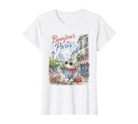 Bonjour Paris Gato Fashion Scene Cute Holiday Amour Souvenir Camiseta gráfica económica, Mujer, Blanco, S