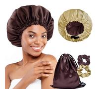 BONNET QUEEN Doble Capa Gorros de Satén Reversible para Sueño, con Banda Elástico Ajustable, Gorros de Seda para Mujer de Cabbello Rizado Normal Recto Largo Peluca, Dorado Y Chocolate