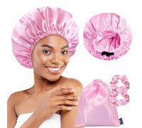 BONNET QUEEN Doble Capa Gorros de Satén Reversible para Sueño, con Banda Elástico Ajustable, Gorros de Seda para Mujer de Cabbello Rizado Normal Recto Largo Peluca, Rosa