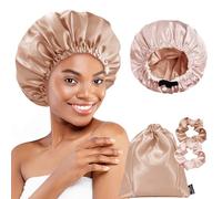 BONNET QUEEN Doble Capa Gorros de Satén Reversible para Sueño, con Banda Elástico Ajustable, Gorros de Seda para Mujer de Cabbello Rizado Normal Recto Largo Peluca, Jade Y Champán