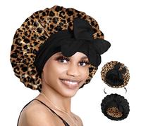 BONNET QUEEN Gorro de Seda para Dormir Ajustable Gorro Saten Pelo Rizado Silk Bonnet Reversible Doble Capa con Lazos Largo, Leopardo