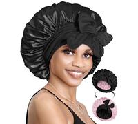 BONNET QUEEN Gorro de Seda para Dormir Ajustable Gorro Saten Pelo Rizado Silk Bonnet Reversible Doble Capa con Lazos Largo, Negro Y Rosa