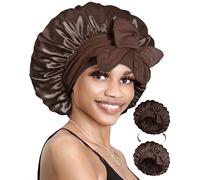 BONNET QUEEN Gorro de Seda para Dormir Ajustable Gorro Saten Pelo Rizado Silk Bonnet Reversible Doble Capa con Lazos Largo, Chocolate