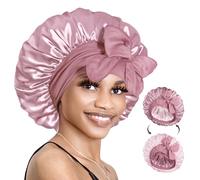 BONNET QUEEN Gorro de Seda para Dormir Ajustable Gorro Saten Pelo Rizado Silk Bonnet Reversible Doble Capa con Lazos Largo, Moca Y Rosa