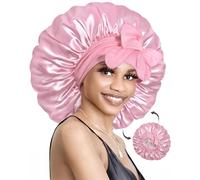 BONNET QUEEN Gorro de Seda para Dormir Ajustable Gorro Saten Pelo Rizado Silk Bonnet Reversible Doble Capa con Lazos Largo, Rosa