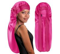 BONNET QUEEN Gorro de Seda para Dormir Ajustables Gorro Saten Pelo Rizado Largo Silk Bonnet con Lazos Largos y Botón Protector Anti-Frizz, Rosa Fuerte