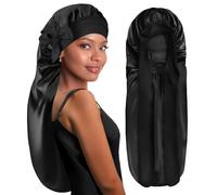 BONNET QUEEN Gorro de Seda para Dormir Ajustables Gorro Saten Pelo Rizado Largo Silk Bonnet con Lazos Largos y Botón Protector Anti-Frizz, Negro