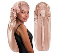 BONNET QUEEN Gorro de Seda para Dormir Ajustables Gorro Saten Pelo Rizado Largo Silk Bonnet con Lazos Largos y Botón Protector Anti-Frizz, Champaña