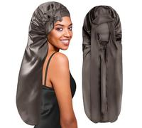 BONNET QUEEN Gorro de Seda para Dormir Ajustables Gorro Saten Pelo Rizado Largo Silk Bonnet con Lazos Largos y Botón Protector Anti-Frizz, Oro Gris