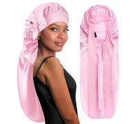 BONNET QUEEN Gorro de Seda para Dormir Ajustables Gorro Saten Pelo Rizado Largo Silk Bonnet con Lazos Largos y Botón Protector Anti-Frizz, Rosa