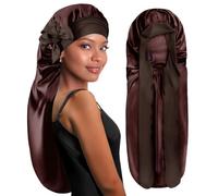 BONNET QUEEN Gorro de Seda para Dormir Ajustables Gorro Saten Pelo Rizado Largo Silk Bonnet con Lazos Largos y Botón Protector Anti-Frizz, Chocolate