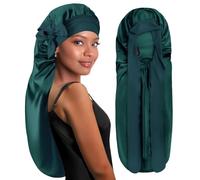BONNET QUEEN Gorro de Seda para Dormir Ajustables Gorro Saten Pelo Rizado Largo Silk Bonnet con Lazos Largos y Botón Protector Anti-Frizz, Verde Oscuro