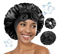 BONNET QUEEN Gorro de Seda para Dormir para Mujeres con ÁCIDO HIALURÓNICO Gorro de Satén Reversible de Doble Capa para Gorro de Dormir para Pelo Rizado con Scrunchies, Negro